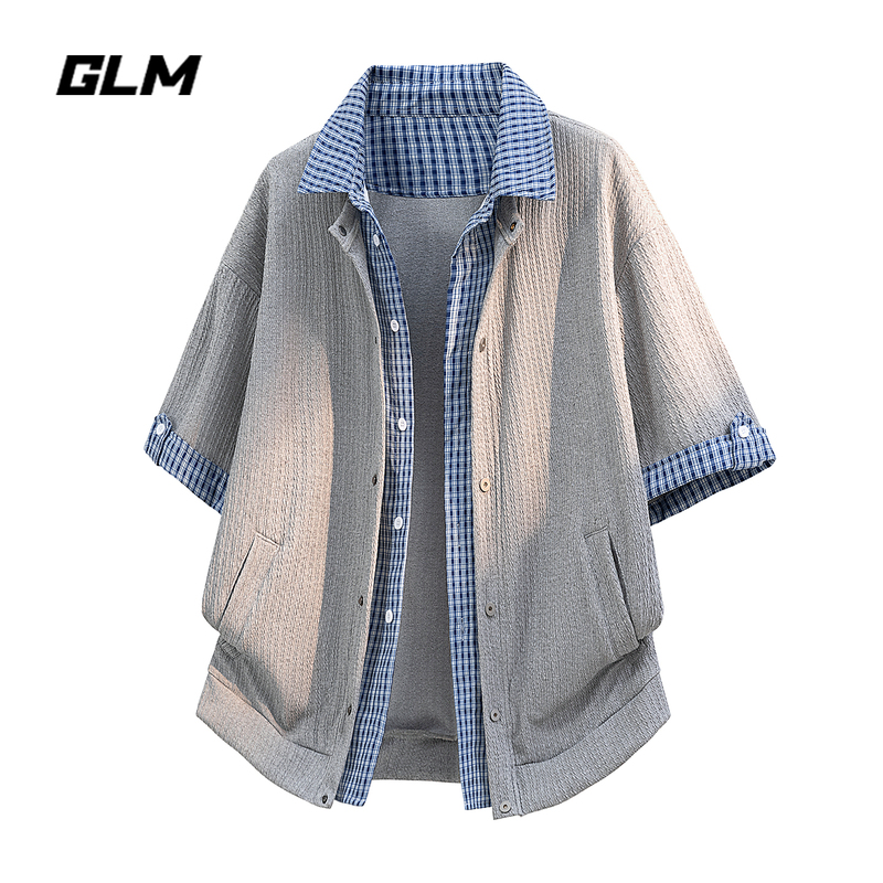 Glm Official Authentic American-Style Fake Two-Piece Shirt for Men, Plaid Patchwork Jacket, Summer Short-Sleeve Top That Looks Great