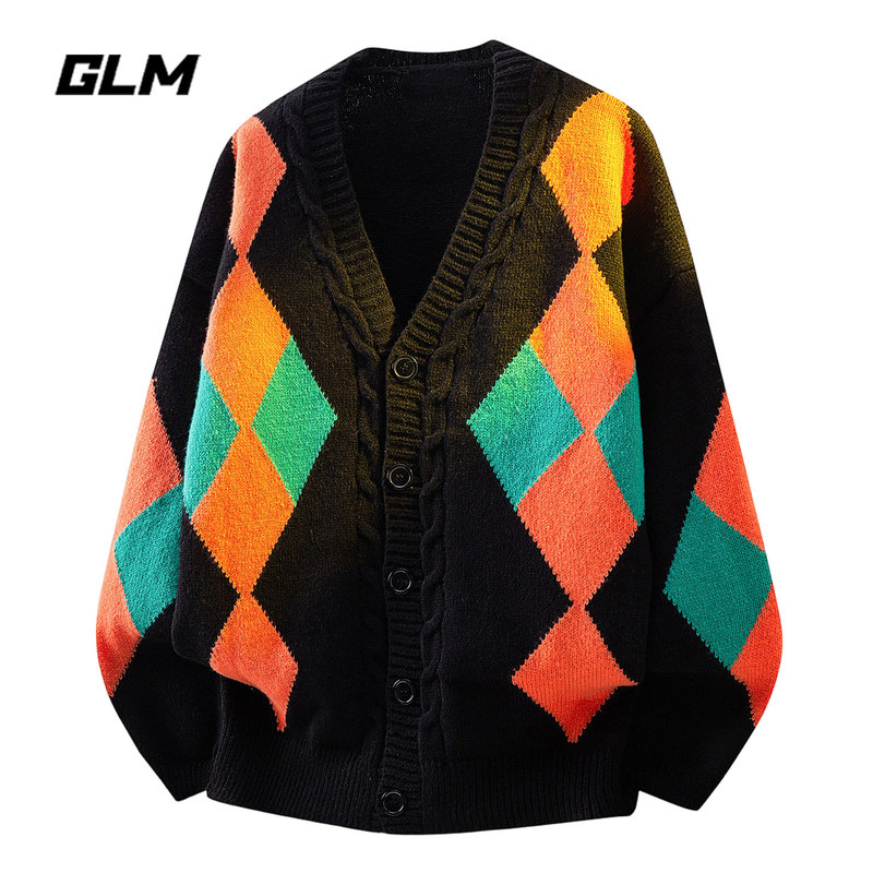 Glm Official Authentic Preppy Style Diamond Pattern Sweater Knitwear Men's Autumn Trendy Casual Oversized Cardigan Jacket