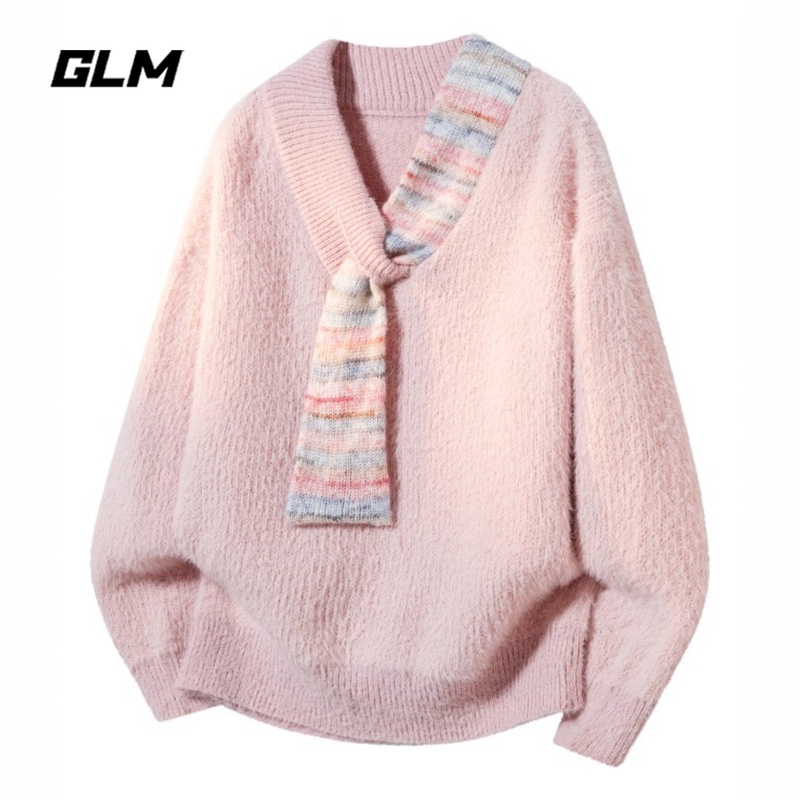 Glm Official Authentic Lazy V-Neck Colorful Ribbon Men's Autumn Loose Design Sweater Knit Top Trendy Brand