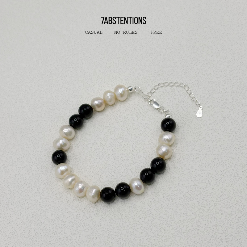 7Ab Natural Freshwater Pearl Vintage Bracelet with Black Onyx Vintage Unisex High-End Luxury Adjustable Bracelet