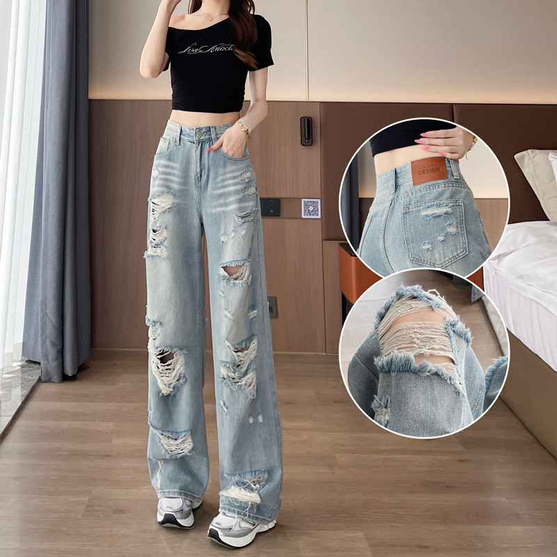Tencel American-Style Ripped Straight-Leg Jeans for Women, 2025 Summer New Thin High-Waisted Slimming Hot Girl Distressed Wide-Leg Pants