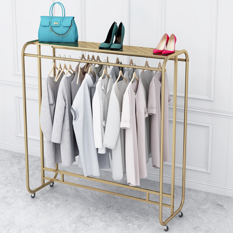Clothing Shop Show Shelves Women's Clothing Store Middle Island Double-Row Shelves Clothes Hangers Clothes Hanger Movable Push-pull Belt Wheel
