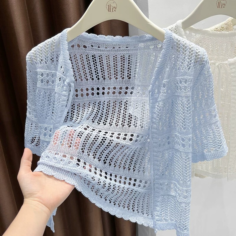 Blue Hollow-Out Knit Short-Sleeve Sun Protection Cardigan for Women, Summer Thin Ice Silk Style, Versatile with Camisole, Perfect for Beach Wear Blue Hollow-Out Knit Short-Sleeve Sun Protection Cardigan for Women, Summer Thin Ice Silk Style, Versatile with Camisole, Perfect for Beach Wear