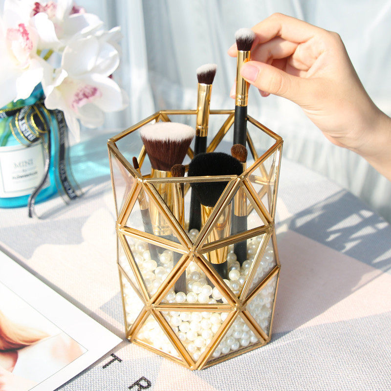 Nordic retro style copper strip glass gold pen holder makeup brush storage tube knife and fork chopsticks tube desktop decoration vase