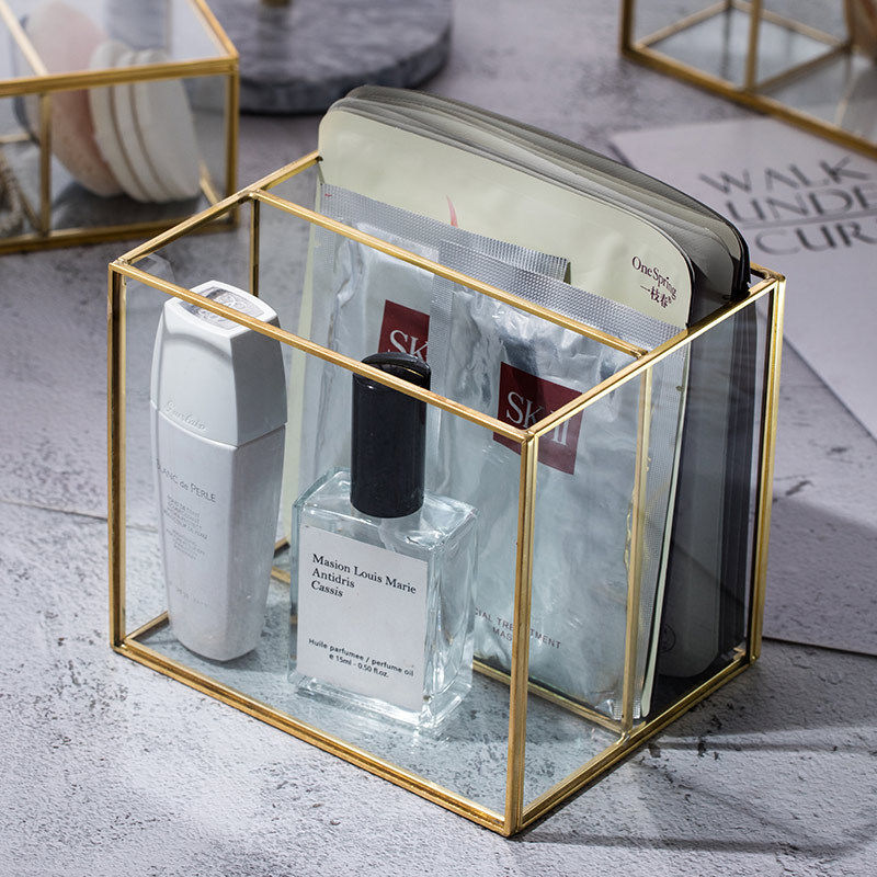 European-style brass makeup classification golden collection glass desktop collection makeup brush pearl storage two compartments