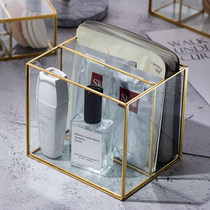 European brass makeup classification Gold glass desktop makeup brush Pearl storage two-grid storage