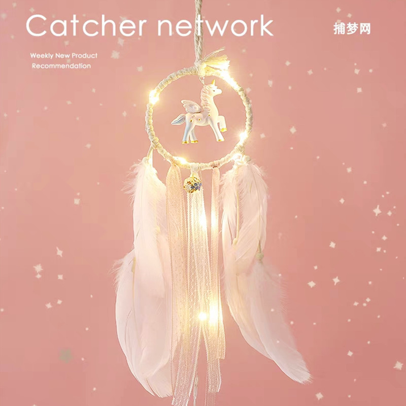 Cute unicorn feather dream catcher with light string DIY pendant wind chimes small fresh girl heart room decorations