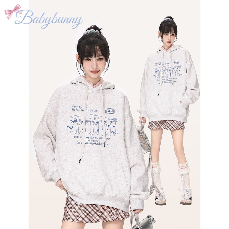 Babybunny Japanese Cartoon Cat Print Hooded Sweatshirt for Women, Thin and Loose-Fitting Versatile Jacket for Autumn