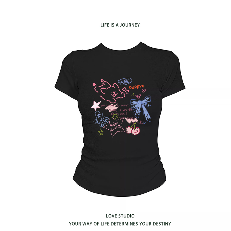 Babybunny American Sweet and Cool Spicy Girl Style Black Short-Sleeved T-Shirt for Women, Summer Regular Shoulder Slim Fit Tight-Fitting Slimming Top Babybunny American Sweet and Cool Spicy Girl Style Black Short-Sleeved T-Shirt for Women, Summer Regular Shoulder Slim Fit Tight-Fitting Slimming Top