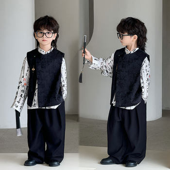 Children's hanfu 2025 spring and autumn new jacquard vest retro new chinese style national style boys clothing suit one piece dropshipping