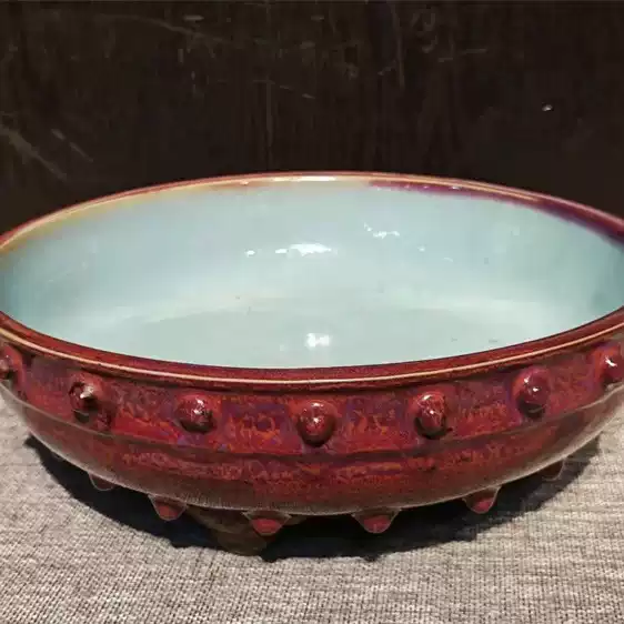 宋代御窯官鈞真品宋鈞窯玫瑰紫釉水仙盆鼓釘三足傳世宋瓷收藏品紅釉瓷
