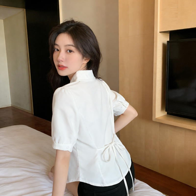 College Style White Back-Tie Short-Sleeved Shirt for Women, New Summer Style, High-End Waist-Cinching Slimming Shirt, Work Clothing Top