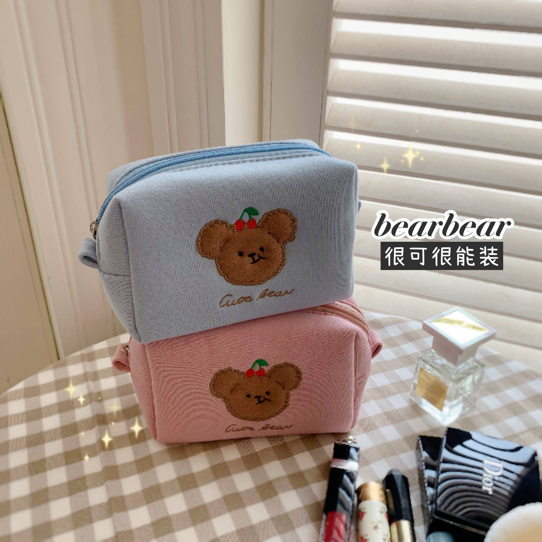 Homemade Ins Wind Cherry Small Bear Makeup Bag Crooked Mouth Bear Portable Teen Babyblue Containing bag pen bag