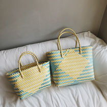 Large capacity rattan woven cabbage basket womens bag tote bag holiday beach bag handbag woven bag straw woven bag contrast color