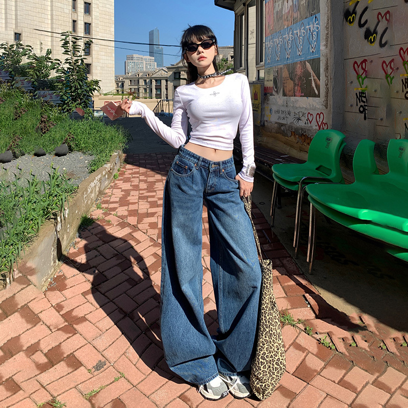 Low-Waisted Wide-Leg Jeans for Women, New Spring and Autumn Style, American Retro, Lazy Style, Loose Straight-Leg Drapey Wide-Leg Pants