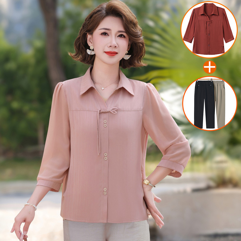 Young Mothers' Spring and Summer Shirts, Stylish Suits, Fashionable Mid-Sleeve Base Layer, Elegant Tops for Middle-Aged and Elderly Women, Two-Piece Set
