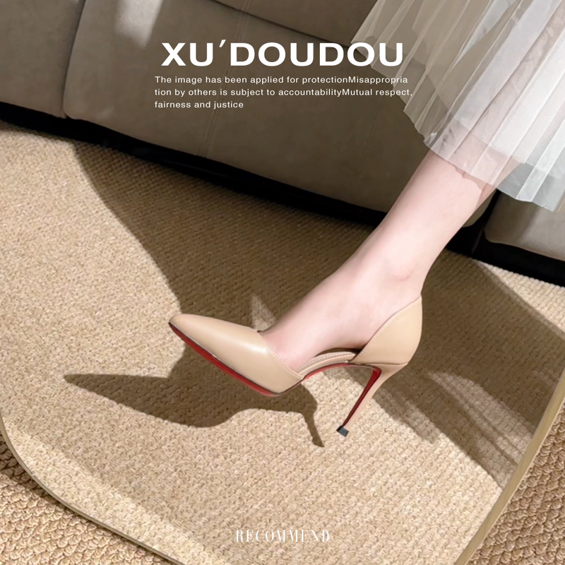 Sheepskin Version~Summer Red-Soled Nude-Colored High-Heeled Shoes for Women, Pointed-Toe Professional Shoes That Are Comfortable and Don'T Tire Your Feet, with Thin Heels