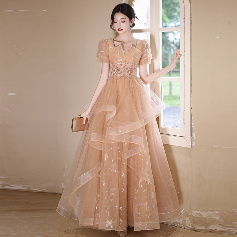 Plus-Size Evening Dress for Women, Suitable for Banquets, Light Luxury, Niche, High-End Feel, Vocal Arts Exam, Host, Chubby Women, Coming-Of-Age Ceremony, Princess Dress