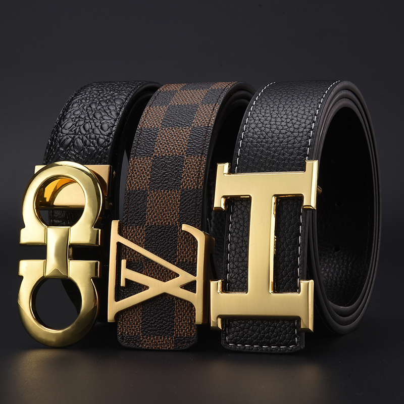 Business Letter Genuine Leather Men's Belt Casual Young People Smooth Buckle Youth Belt Cowhide Jeans Belt