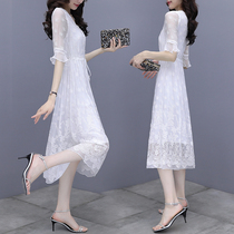White chiffon dress womens summer 2021 new waist thin temperament senior sense lace fairy dress