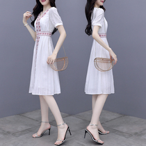 White dress womens summer dress 2021 New High feel waist thin gentle temperament chiffon A- line dress