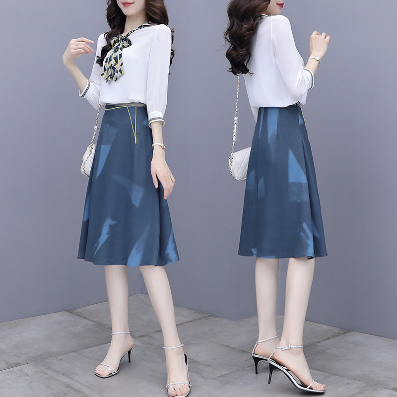 Spring 2022 new women's chiffon dress summer small man temperament slim shirt two-piece set skirt