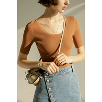 Ou Ke Rui You Yayin Elephant ~ Temperament U-collar Slim Knitting Short Sleeve T-shirt Ice Silk base shirt Female Summer 2021