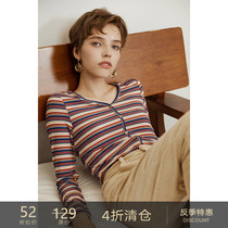  Off-season clearance) Little Mustang rainbow stripes~Retro long-sleeved t-shirt V-neck slim-fit knitted bottoming shirt womens early