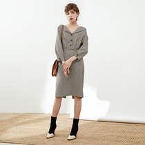  Okorui French retro skirt~One shoulder long-sleeved plaid dress 2021 new high-waisted skirt