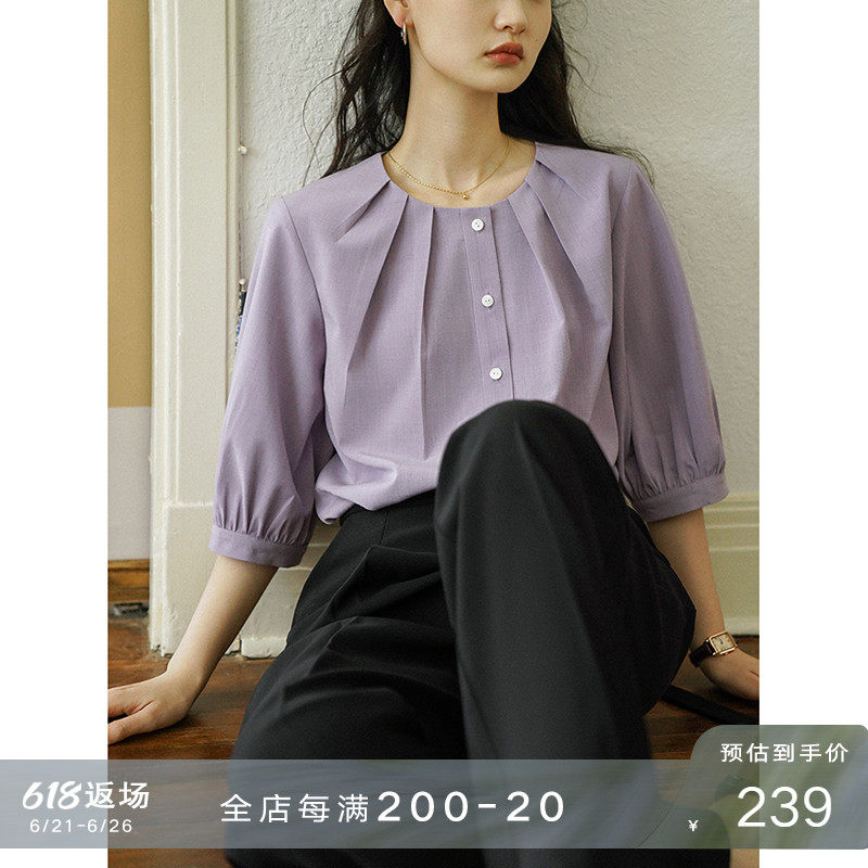 Eurocan Rey's lazy style High sense round collar blouses white shirt loose and small crowddesign shirt female spring summer