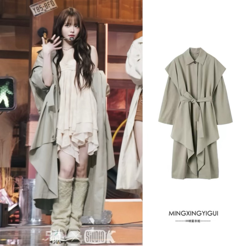 Heng En's Same Style Pea Green Trench Coat for Women, 2025 Spring and Autumn New Loose Casual Mid-Length Coat, Trendy