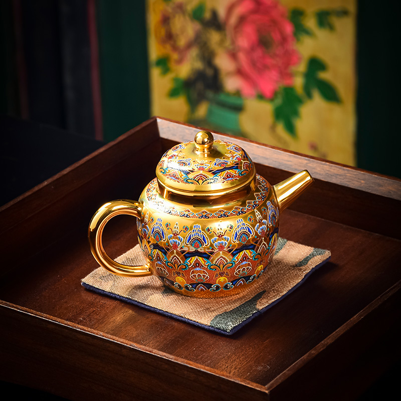 周鸿杰手工敦煌印象鎏金茶壶堆花珐琅彩泡茶器茶杯小金壶抖音同款