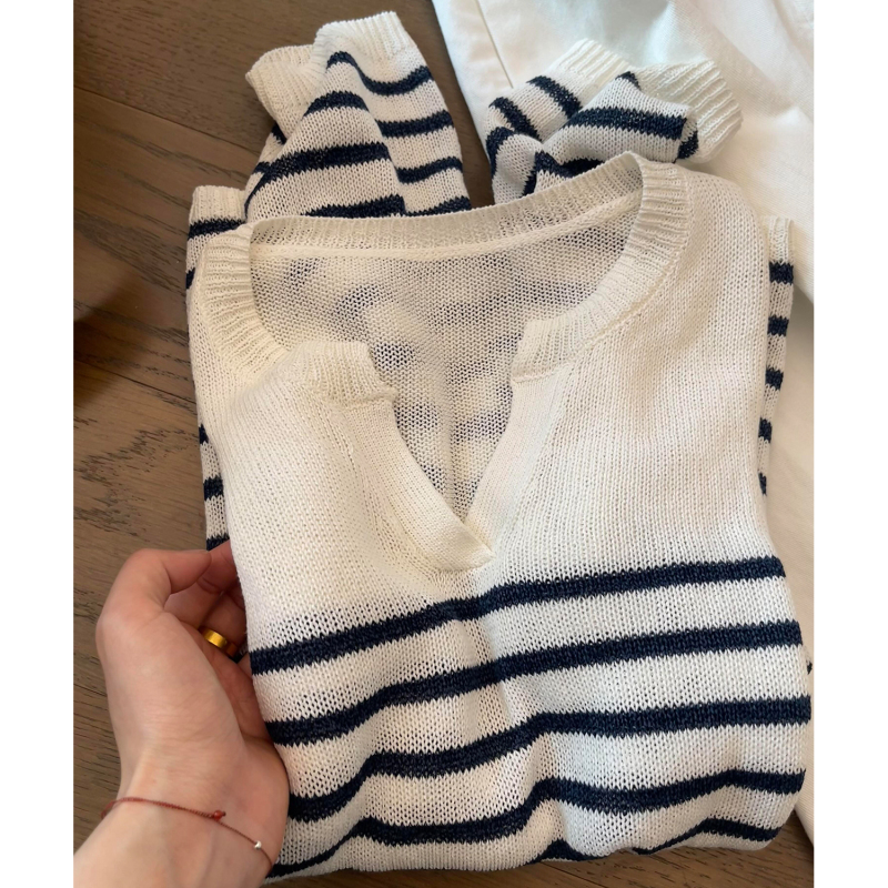 Huxiazi! Imported Japanese Paper Yarn Color-Block Striped Knit Top for Women, Summer Breathable Sun Protection Cover-Up