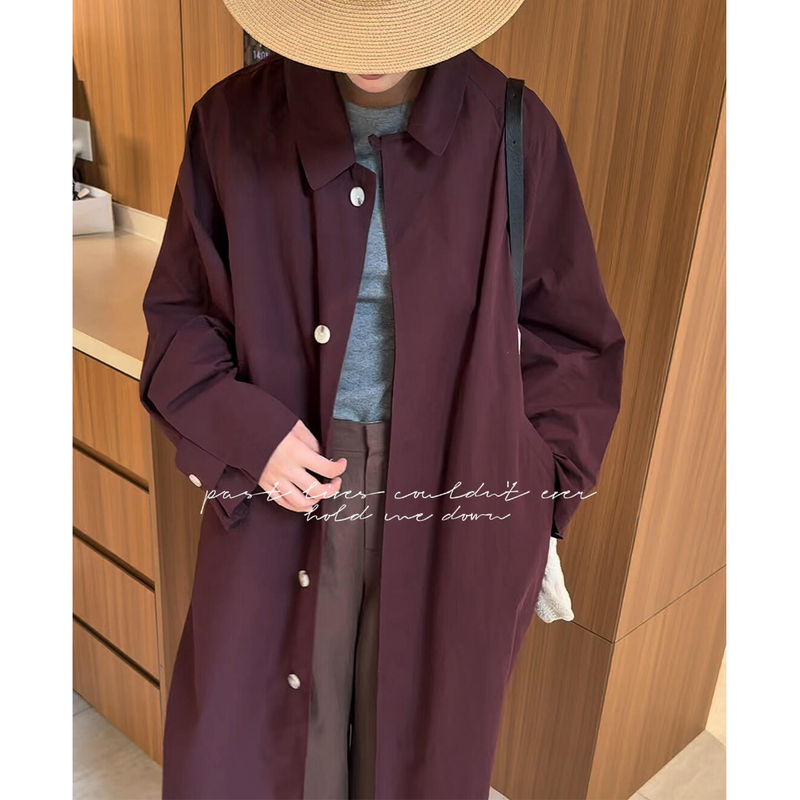 Huxiazi Recommends! Autumn Is Here~ Korean-Style Long Trench Coat in Plum Purple with a Cotton-Feel Texture