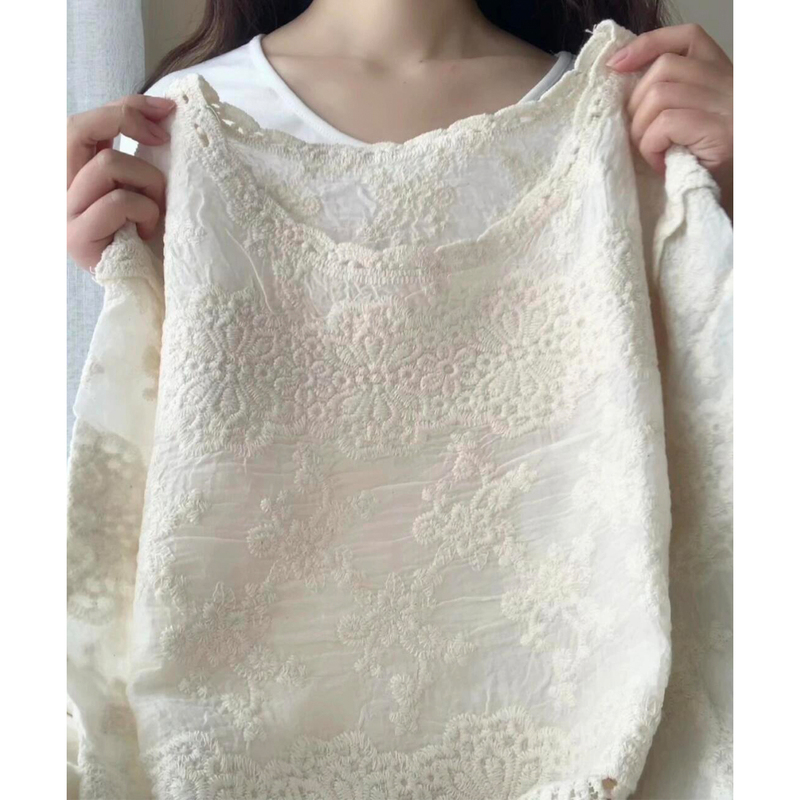 Huxiazi! European-Style Fashionable Lace Crochet Hollow-Out Round-Neck Knit Cardigan Sun Protection Cover-Up for Women