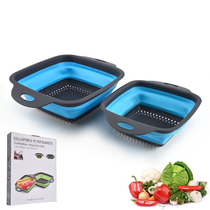 Export single two-piece set square foldable drain basket Silicone water filter basket folding fruit basket Vegetable basket