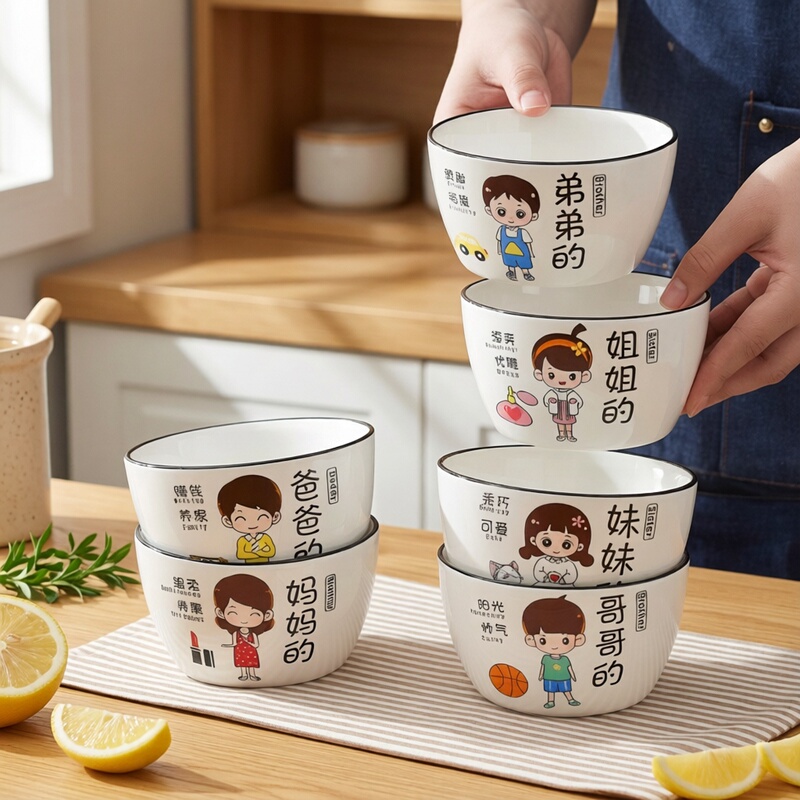 Ceramic Bowl Family Cartoon Round Adult Anime Chinese Style Children's Internet Celebrity Cute Modern Tableware Set Rice Bowl