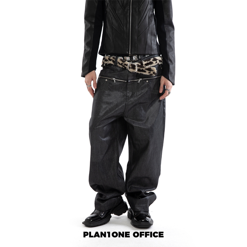 Plan1One Niche Deconstructed Three-Dimensional Black Waxed Leather Pants for Men or Loose Straight-Leg Stacked Jeans