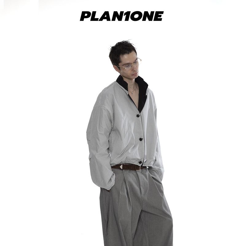 Plan1One French-Style Stand Collar, Curved Sleeves, Single-Breasted, Reversible Jacket, High-End Tailoring, Solid Color Plaid Coat, Trendy Plan1One French-Style Stand Collar, Curved Sleeves, Single-Breasted, Reversible Jacket, High-End Tailoring, Solid Color Plaid Coat, Trendy
