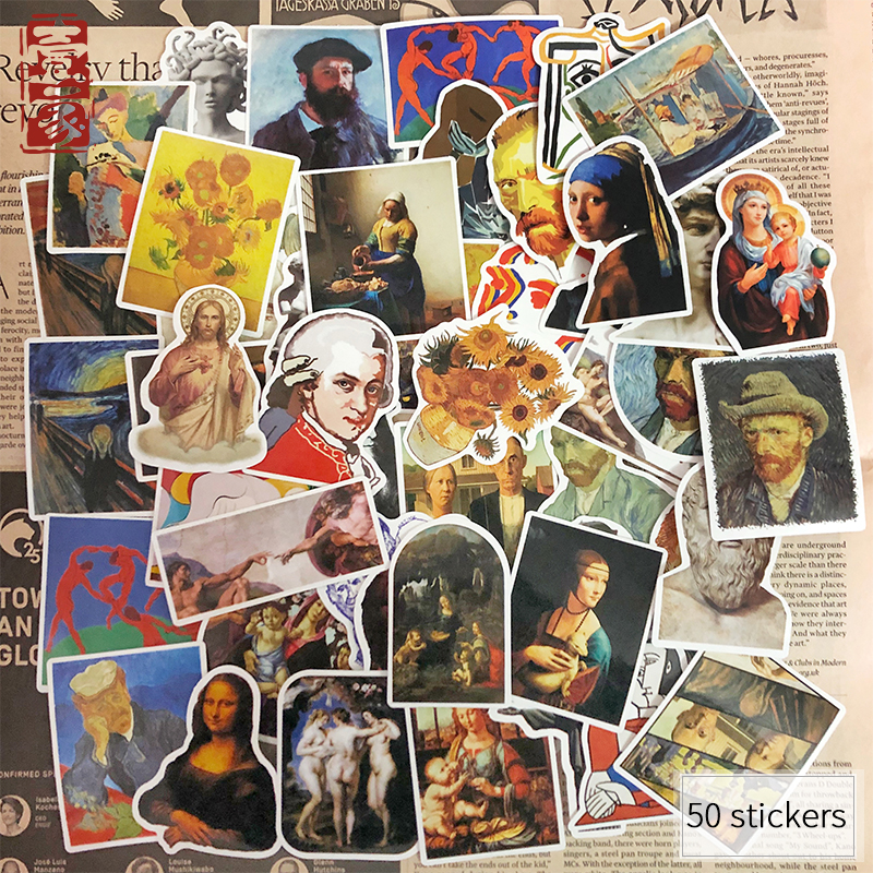 50 artist paintings Van Gogh's retro graffiti suitcases laptop stickers mobile phone waterproof paste