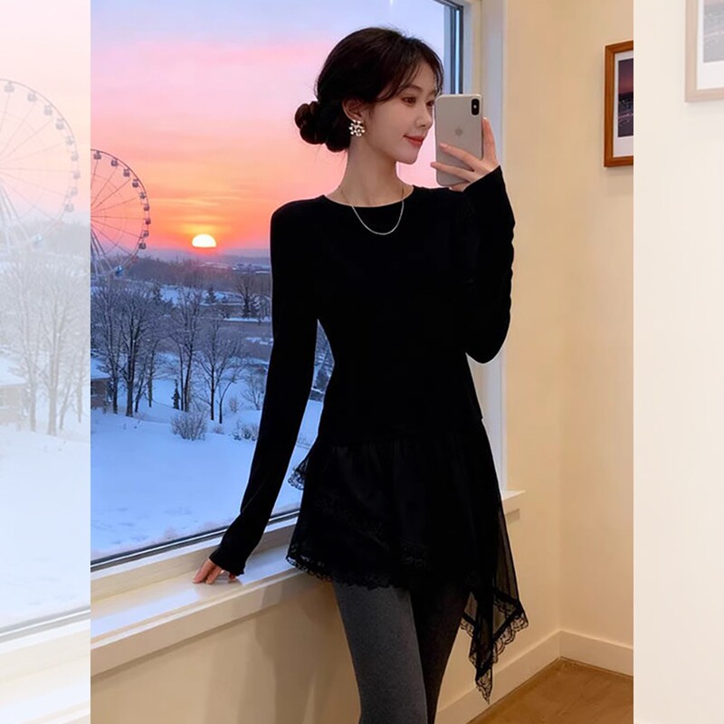 Korean Style Versatile Lace Round Neck Long-Sleeved T-Shirt for Women 2026 Spring and Summer Irregular Hem Patchwork Base Top Korean Style Versatile Lace Round Neck Long-Sleeved T-Shirt for Women 2026 Spring and Summer Irregular Hem Patchwork Base Top