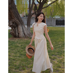 Ching's Retro Elegant Round Neck Jacquard Striped Dress Strappy High Waist Slim Commuting A-Line Swing Skirt
