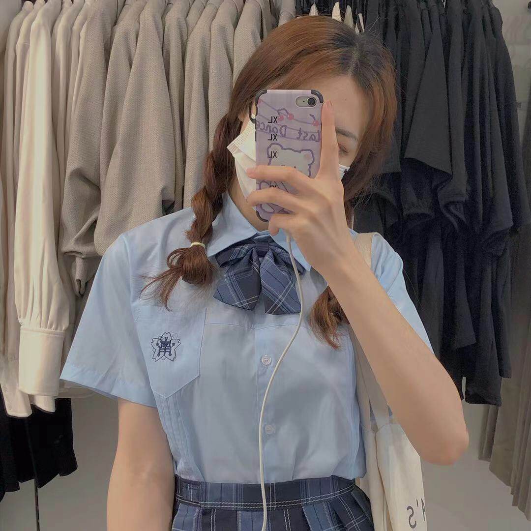Xiaolan middle embroidered organ pleated blue JK shirt female original genuine Japanese college short-sleeved shirt student class uniform