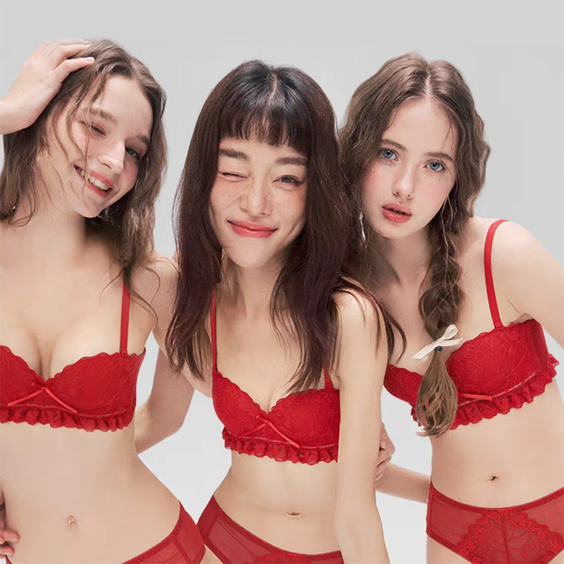 红色内衣套装本命年性感蕾丝小胸聚拢结婚新娘文胸夏薄款绿光派对