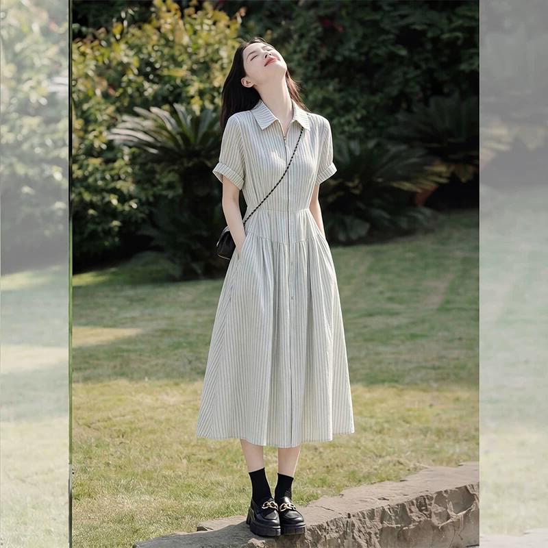French-Style Striped Shirt Dress for Women, Waist-Cinching, Slimming, Elegant, Suitable for Work, Mid-Length, Unique and Beautiful Little Dress for Early Summer French-Style Striped Shirt Dress for Women, Waist-Cinching, Slimming, Elegant, Suitable for Work, Mid-Length, Unique and Beautiful Little Dress for Early Summer