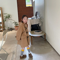 Male and female Childrens horn clasp Hooter Jacket 2021 Autumn Winter New Foreign Air Baby Mid-Face Velvet Wool Coat