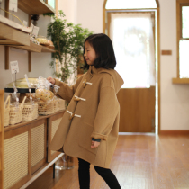 Male girls horn buckle Double face cashmere big coat 2021 autumn winter tennis red medium long foreign air baby fur coat