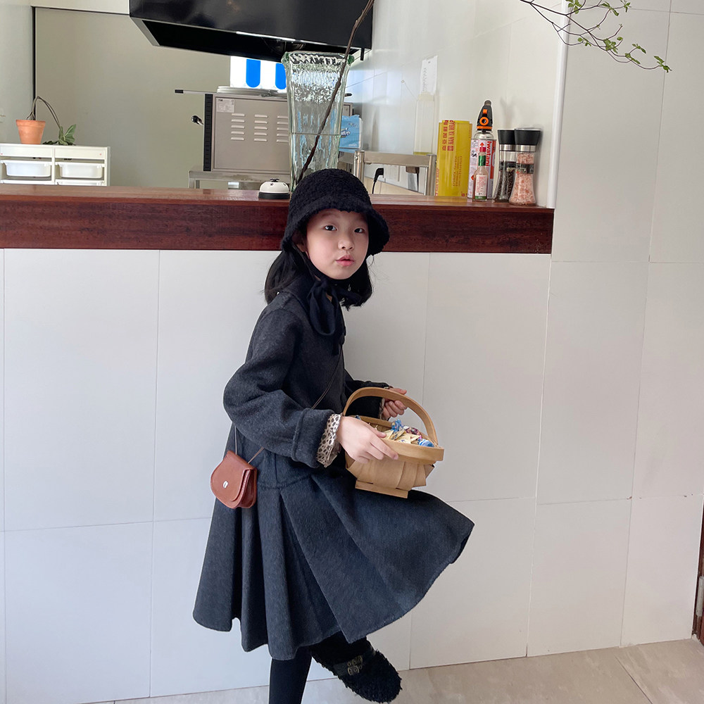 Full wool Girl child Hooker Jacket 2021 Autumn Winter Children Foreign Pie Skirt Hem Style Baby Bifacial Cashmere Dresses