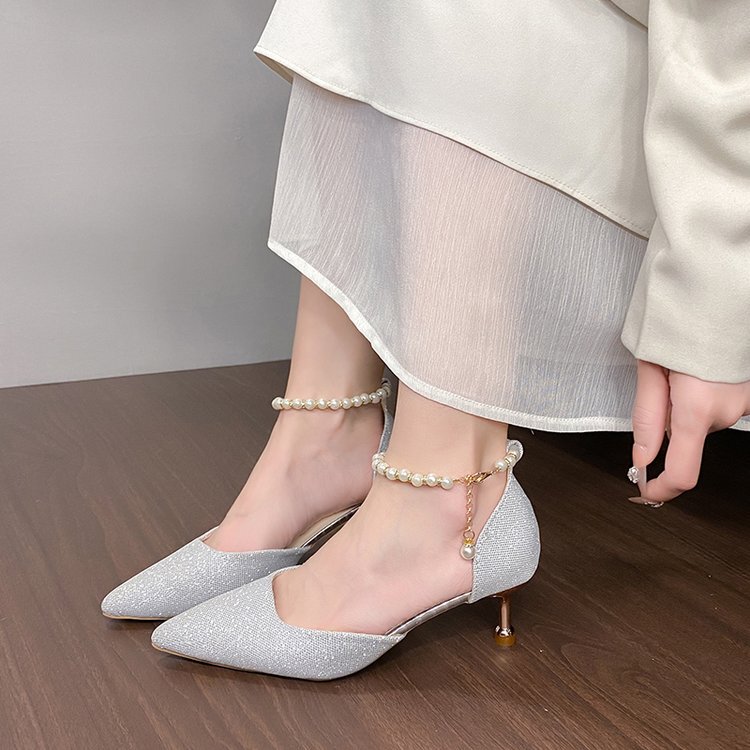 High Heels for Women, Low Heel 3 Cm, Summer 2025, Single Strap, Beaded, Silver, Bridesmaid Dress, Banquet, Stiletto Heel