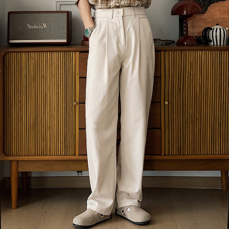 Finecut Retro High-Waisted Wide-Leg Casual Pants for Men, Spring and Summer Versatile Loose Long Pants, Beige, Simple Style for Work Finecut Retro High-Waisted Wide-Leg Casual Pants for Men, Spring and Summer Versatile Loose Long Pants, Beige, Simple Style for Work